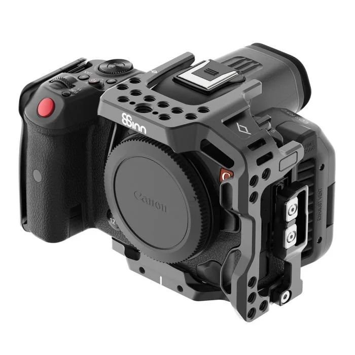 A Canon cinema camera in a camera cage